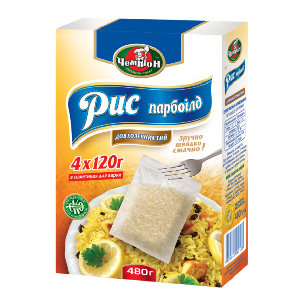 Рис пропарений парбоілд довгозернистий ЧЕМПІОН, 480г (4х120г)